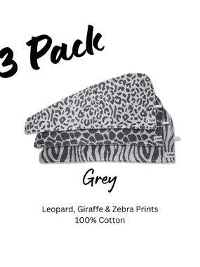 New Turbie Twist (set of 3) Animal Print hair towels— Zebra & Giraffe, Tiger